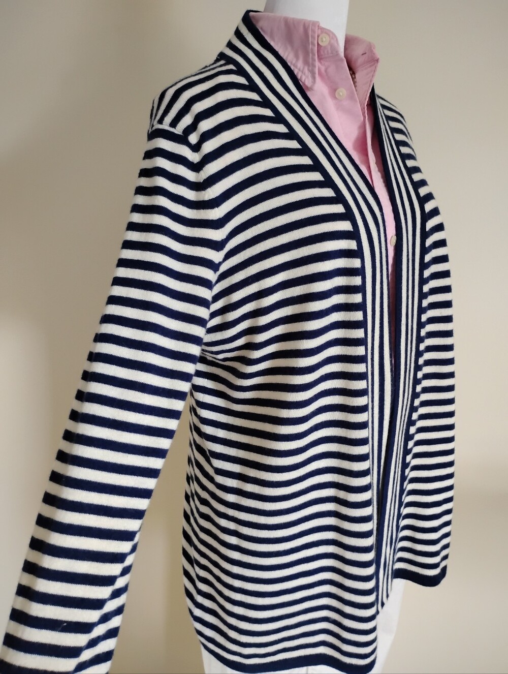 Talbots Lambswool Blend Striped Open Cardigan Sweater Blue White Classic Size LP